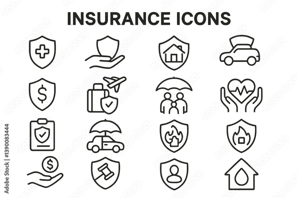 Poster insurance icons in a line vector design showcasing various coverage types for health, property, auto