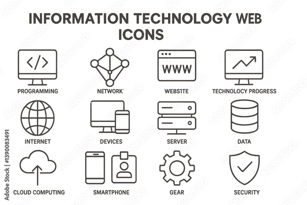 Poster Modern information technology vector icons showcasing web development and security concepts for digital services