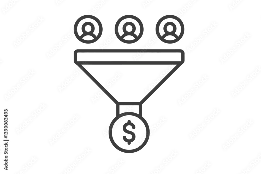 Poster sales funnel illustration with users and monetary symbol, representing customer conversion in market