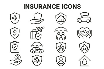 Insurance icons in a line vector design showcasing various coverage types for health, property, auto, and more