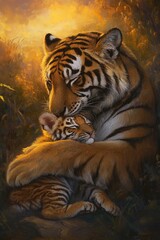 Obraz premium Tender tiger mother and cub