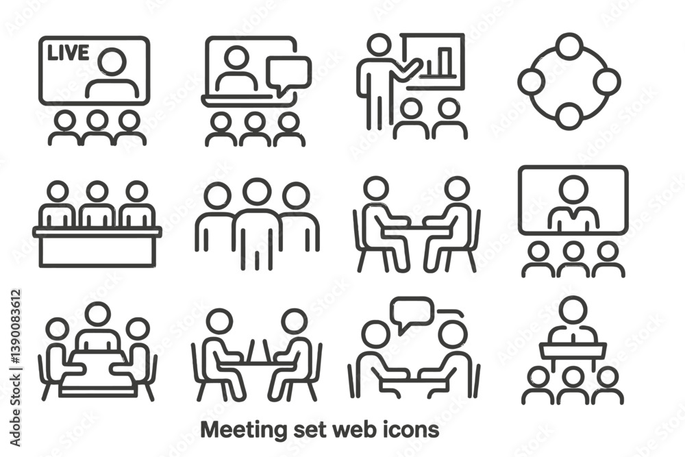 Poster line vector icons illustrating various meeting and collaboration activities in a professional settin