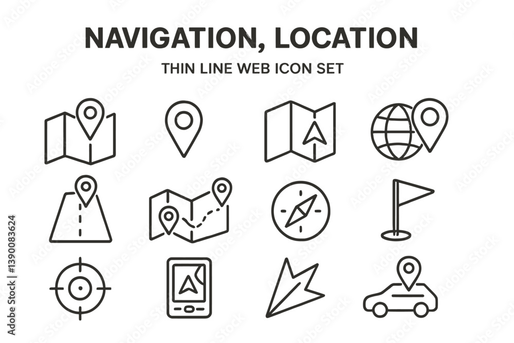 Aufkleber Collection of navigation and location thin line vector icons for web design and applications