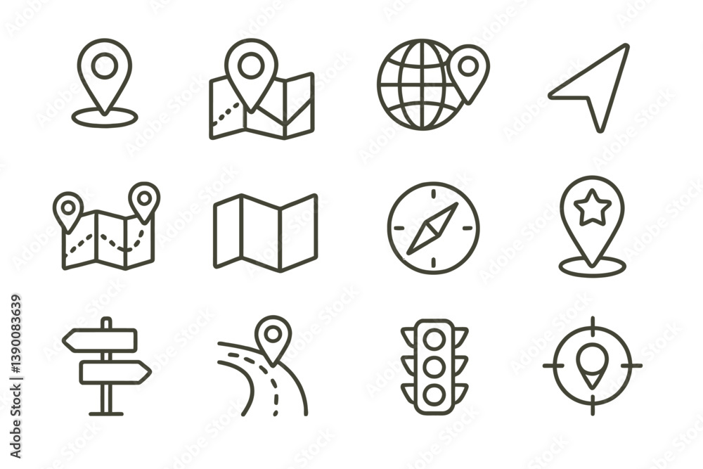 Aufkleber Set of line vector icons representing navigation, maps, and location services