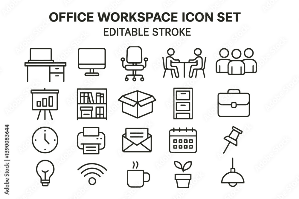 Poster modern line vector icons representing various office workspace elements for organizational and funct