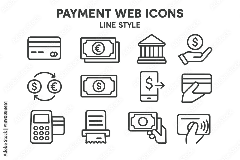 Leinwandbilder Payment web icons in line vector style showcasing various financial transactions and payment methods