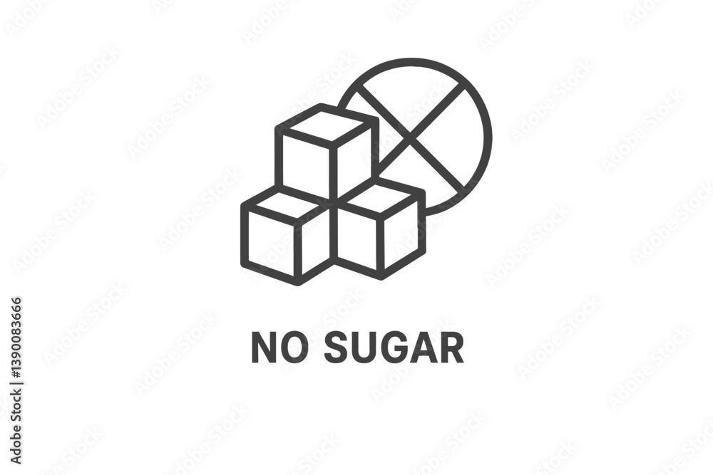 Poster iconic representation of no sugar, featuring sugar cubes and a prohibition symbol in a modern vector