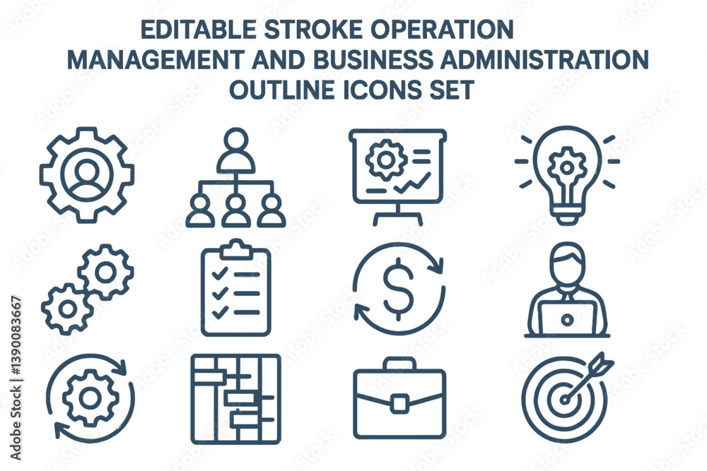 Poster Collection of editable stroke icons for operation management and business administration tasks featuring various elements