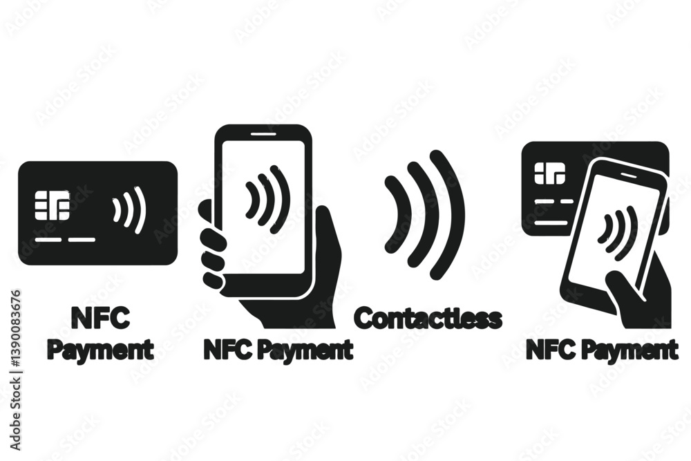 Aufkleber nfc payment methods illustrated with line vector icons showcasing card and smartphone use in contact