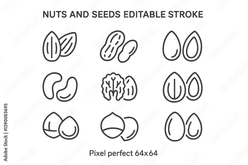 Poster Vector icons of various nuts and seeds designed in a clear line format for use in digital and print media