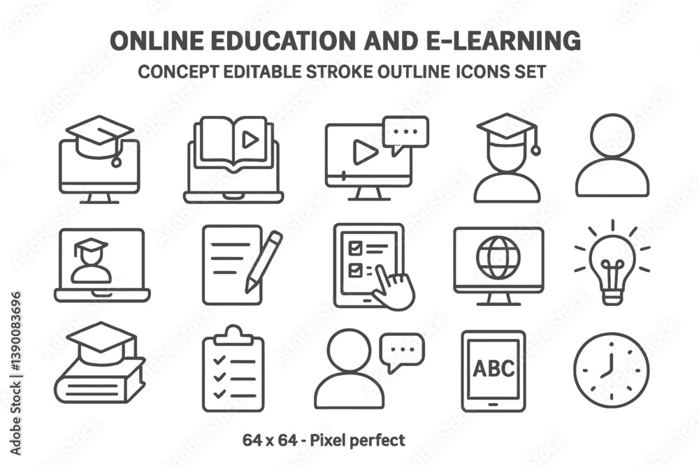 Aufkleber collection of line vector icons for online education and e-learning activities depicting various lea