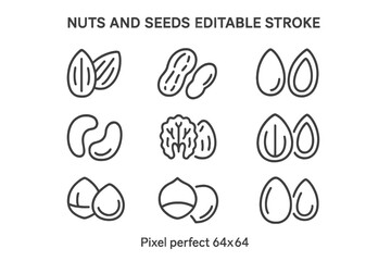 Vector icons of various nuts and seeds designed in a clear line format for use in digital and print media