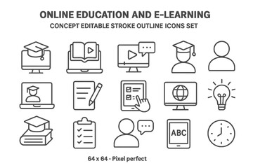 Collection of line vector icons for online education and e-learning activities depicting various learning tools and resources