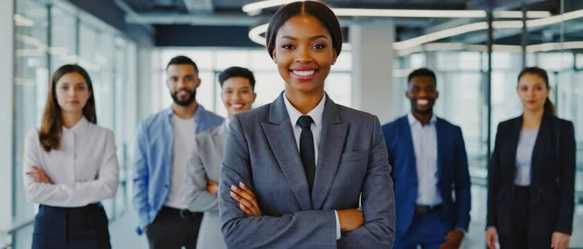 An African American businesswoman stands proudly in front of her diverse corporate team in a modern office. Concept of leadership, inclusivity, and confident executive presence.