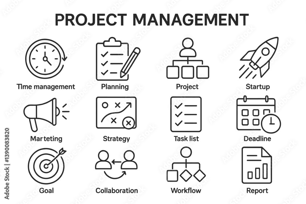 Poster Project management line vector icons depicting various activities related to planning, strategy, and task execution