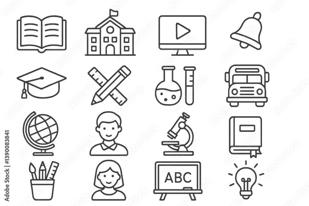 Poster educational elements represented by line vector icons including books, school, science tools, and st