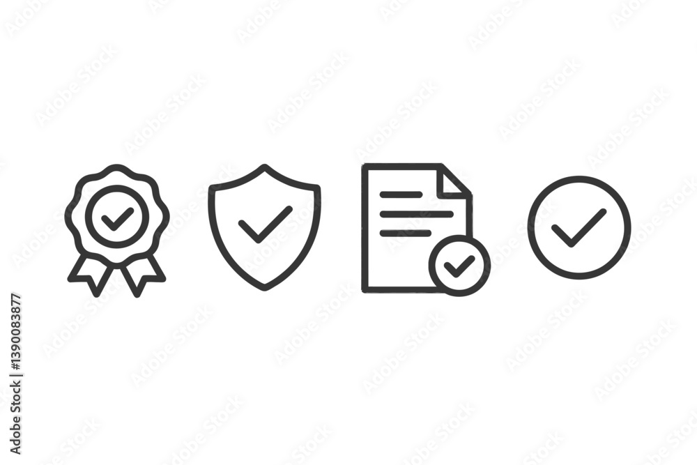 Poster various line vector icons representing quality assurance symbols including a badge, shield, document
