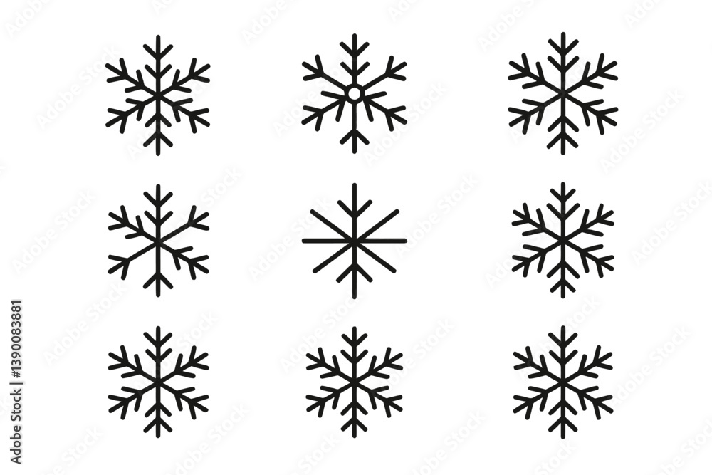 Poster various line vector icons of snowflakes arranged in a 3x3 grid for seasonal design projects or holid