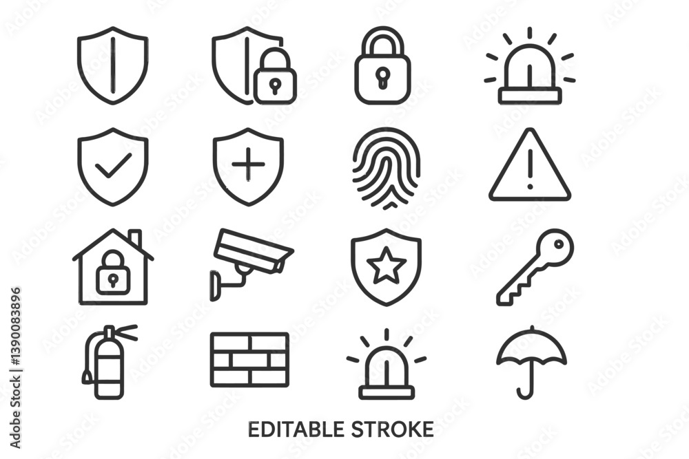 Poster various line vector icons representing security concepts, including shields, locks, emergency alerts