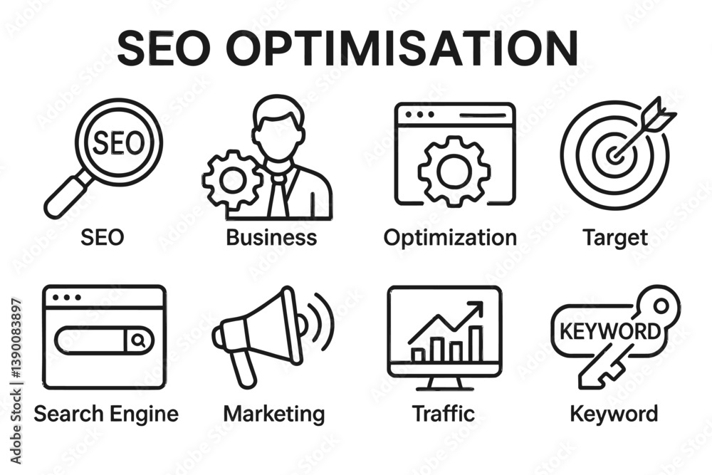Poster vector icon set illustrating key concepts of seo optimization for business, marketing, and traffic e