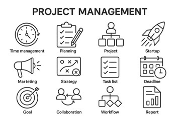 Project management line vector icons depicting various activities related to planning, strategy, and task execution