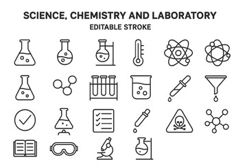 Collection of science and laboratory line vector icons representing chemistry elements and lab equipment in minimal design
