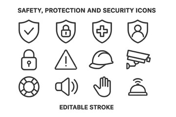 Collection of safety and security line icons showcasing various protection symbols for use in design projects