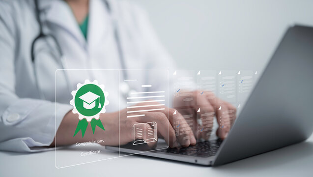 Healthcare professional at a laptop with a digital certificate icon. Modern medical education, certification process and e-learning assessment for healthcare professionals
