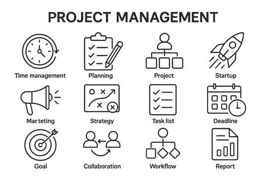 Project management line vector icons depicting various activities related to planning, strategy, and task execution