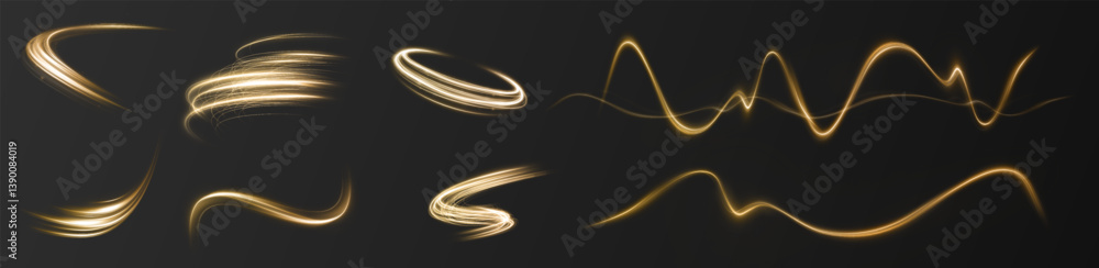 Poster dynamic golden swirl of light with sparkling particles, circular energy flow, and elegant neon flare