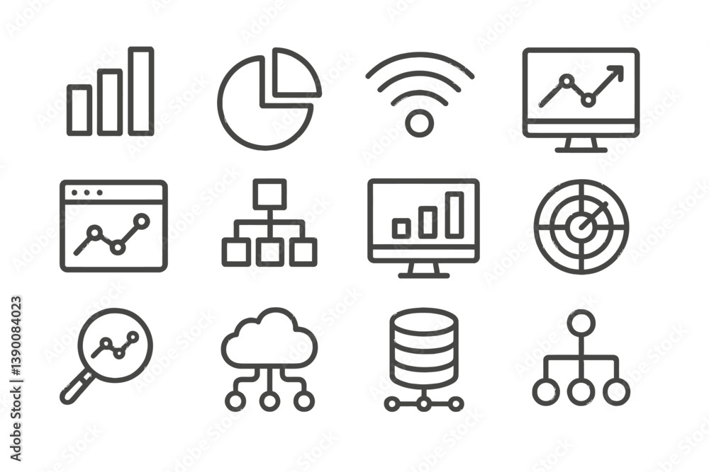 Aufkleber Vector icons representing various data and analytics concepts including charts, networks, and cloud computing within a modern framework