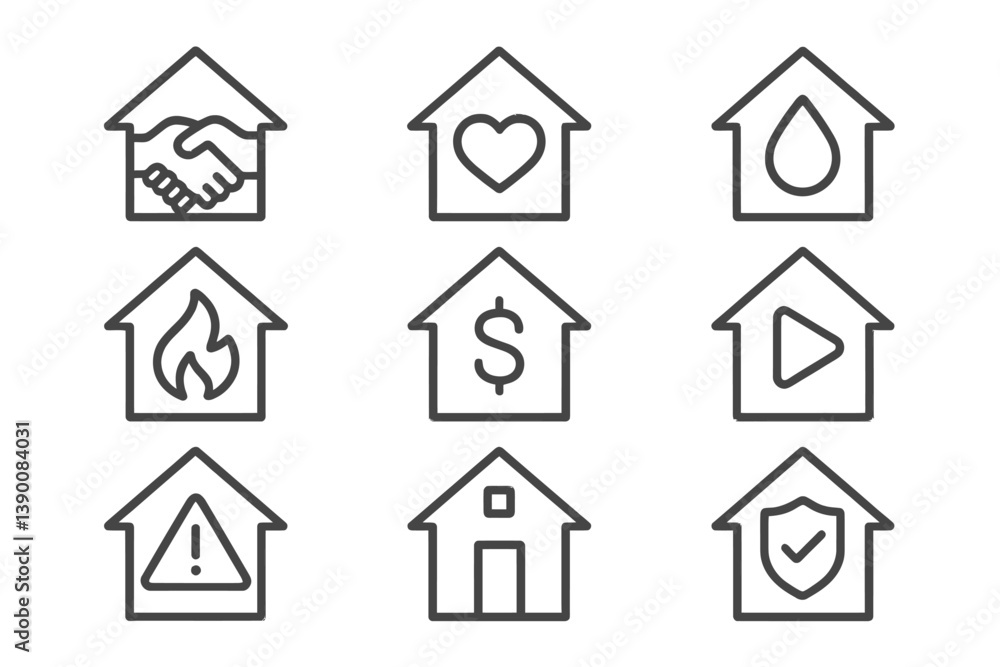 Poster set of line vector icons representing various themes related to home and community activities
