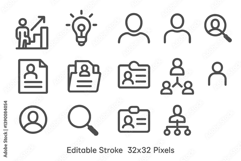 Leinwandbilder Line vector icons showcasing various professional activities including teamwork, personal identity, and problem-solving concepts in a digital format