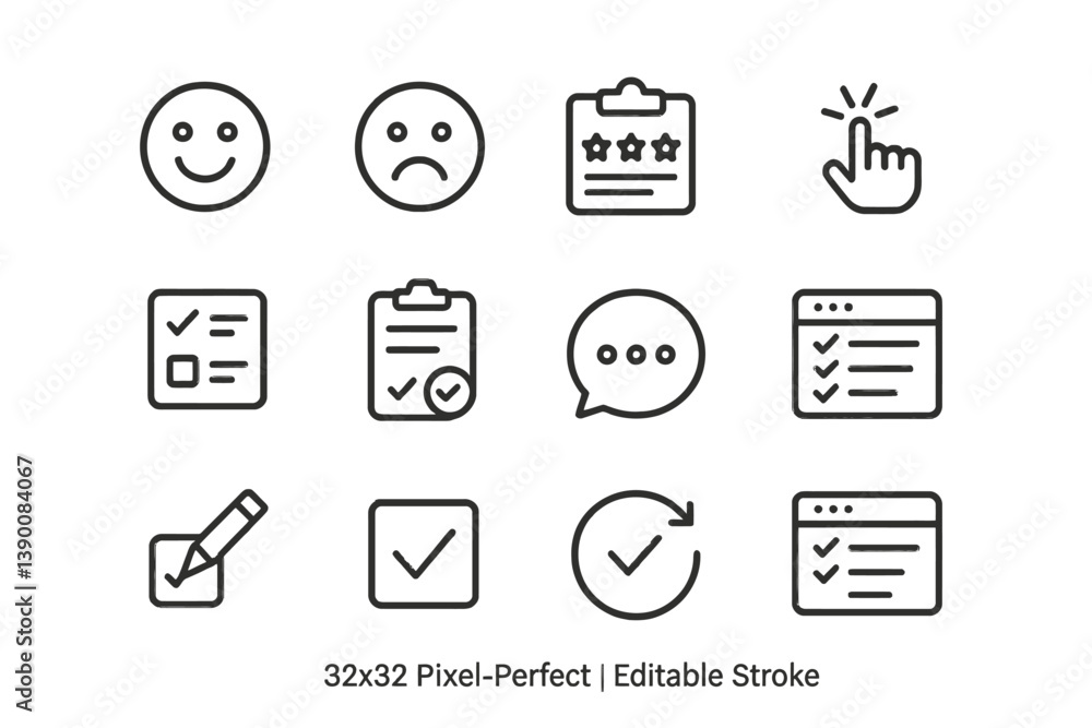 Poster Vector icon set featuring various emoticons, checklists, and interactive elements for user feedback and evaluation