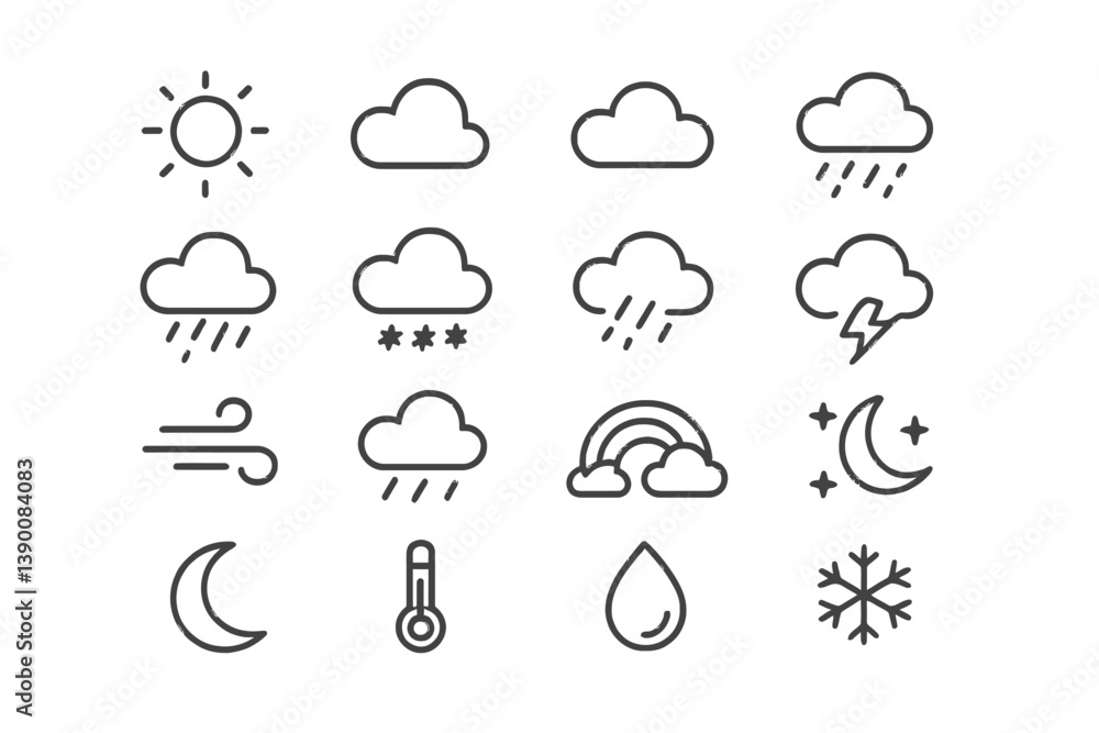 Poster Weather icons displaying various atmospheric conditions and temperature indicators in a simple line vector style