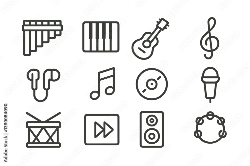 Poster vector icon set featuring various musical instruments and elements highlighting diverse music themes