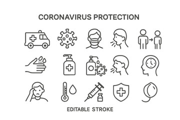 Fototapeta premium Vector icons representing coronavirus protection measures and health practices during a pandemic