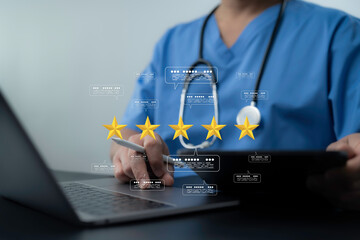 Doctor using a laptop and stylus surrounded by five star feedback and digital comment icons....
