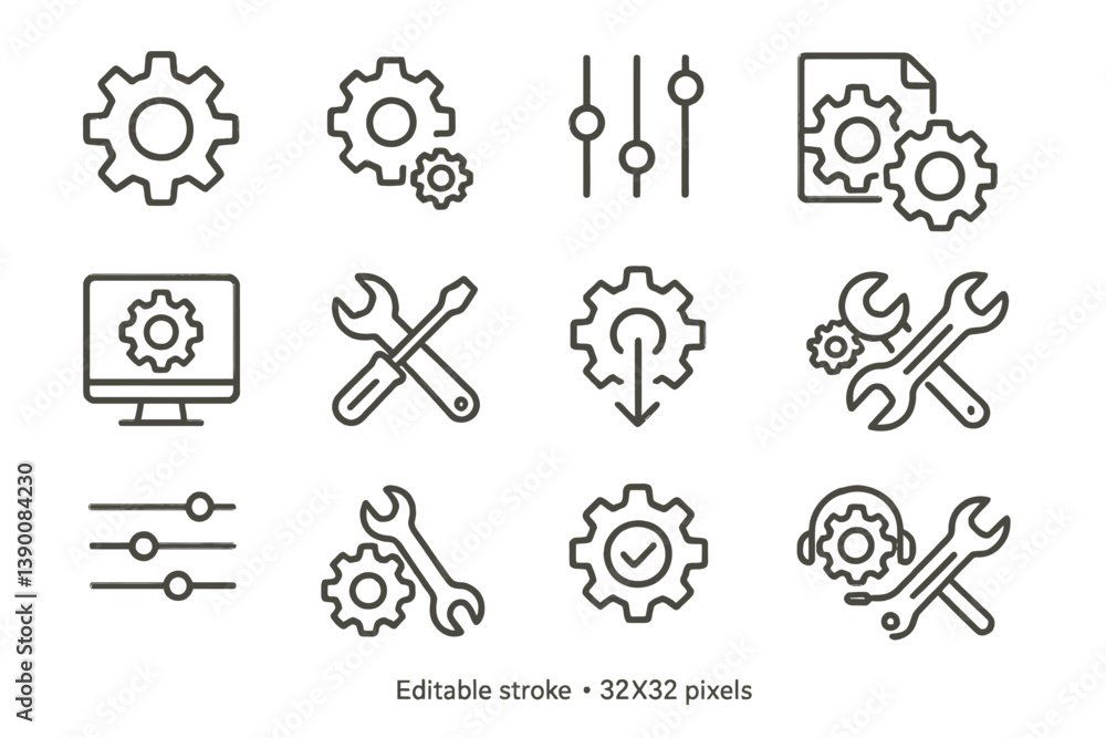 Aufkleber Vector line icon set showcasing tools and settings for mechanical and digital applications in a modern design