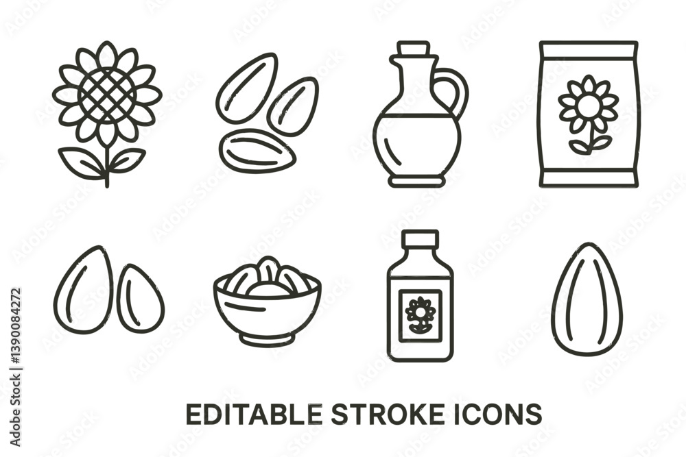 Poster line vector icons showing sunflower, seeds, oil, and packaging in a minimalist style for design proj