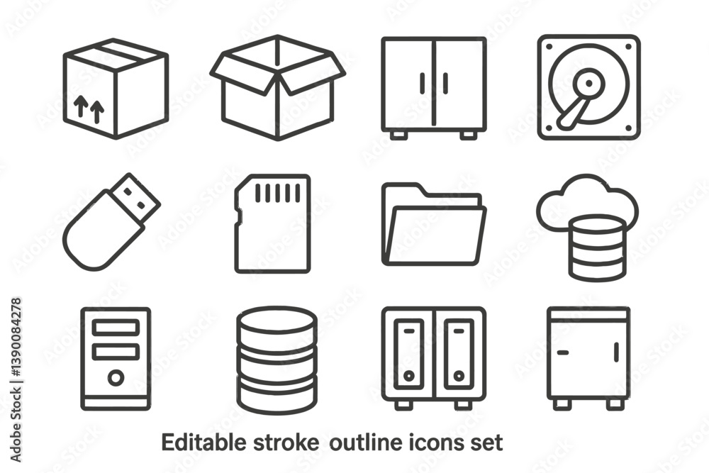 Poster collection of line vector icons representing storage and data management tools and devices in a simp