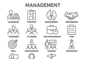 Fototapeta premium Various line vector icons representing management concepts including leadership, strategy, and teamwork elements for business use