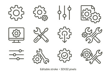 Vector line icon set showcasing tools and settings for mechanical and digital applications in a modern design