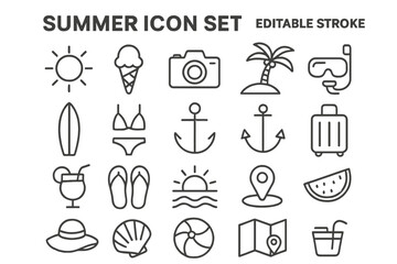 Summer icon collection featuring elements like sun, beach, and water activities for seasonal illustration needs