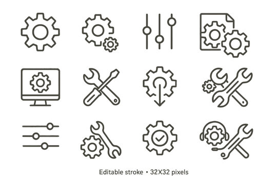 Vector line icon set showcasing tools and settings for mechanical and digital applications in a modern design