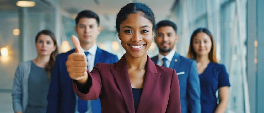 A confident African American businesswoman in a maroon blazer gives a thumbs-up with her professional team behind her. Concept of positive leadership, and sucess in business teamwork.