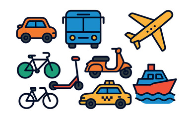 Colorful linear transportation icons set: car, bus, plane, bike, scooter, taxi, ship