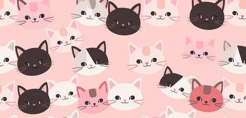 Obraz premium Adorable pastel pink, black & white cartoon cat faces create a charming seamless pattern for design projects, print, art