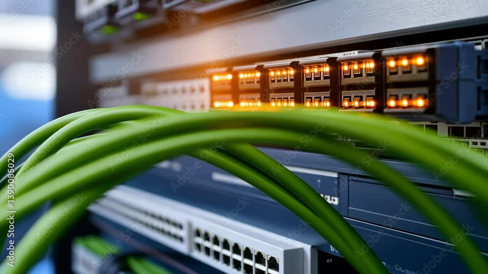 Poster in a bustling data center environment, network cables are securely connected to a server rack adorne