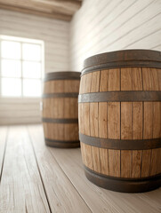 Wooden barrels stacked in rustic interior with natural light streaming through window create warm atmosphere